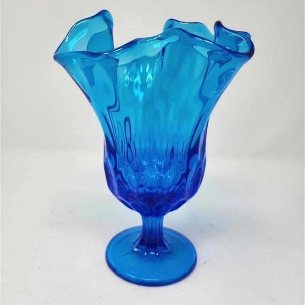 Vtg Fenton Swung Stretch Handkerchief Pedestal Thumb Print Colonial‎ Blue Vase